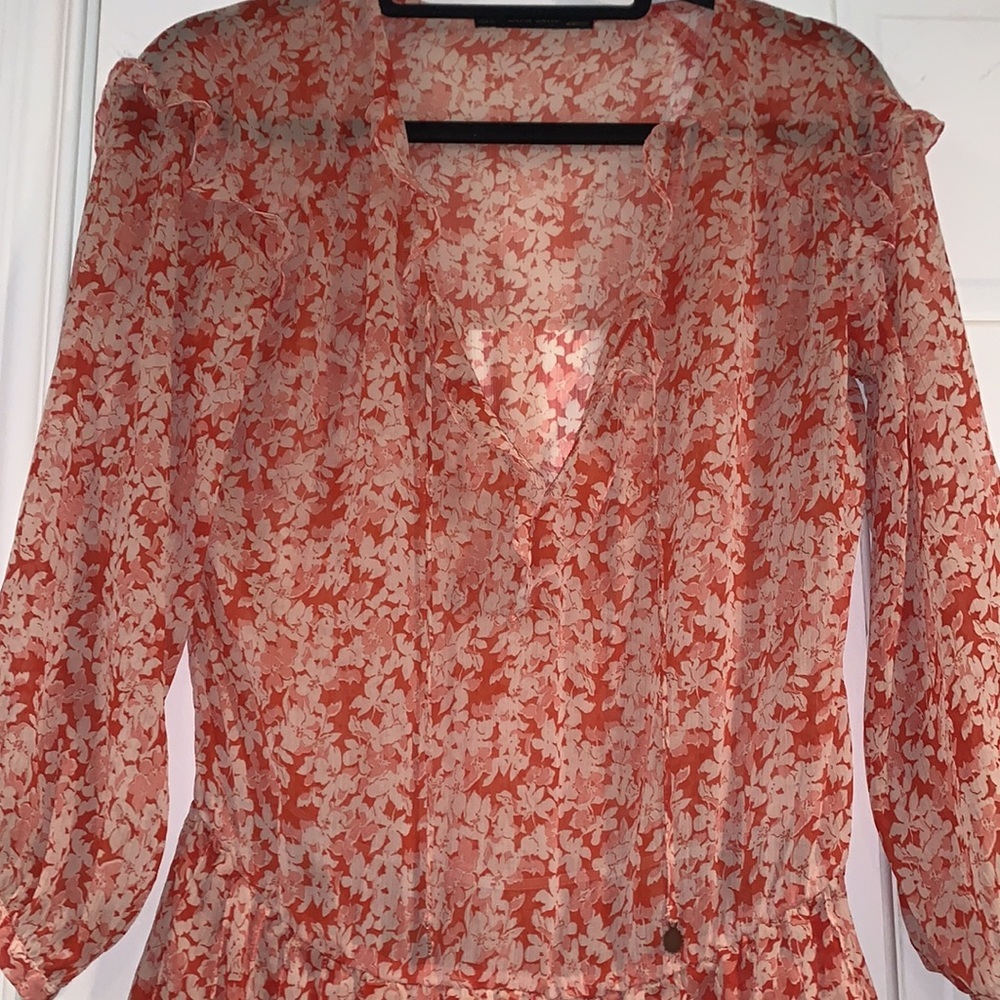 Zara Sheer Floral Tie Neck Ruffle Dress Orange/Cream Size XS - Picture 5 of 10